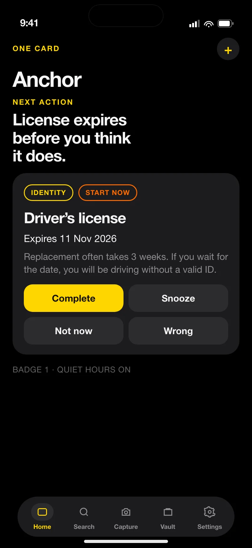 Anchor home: one next-action card for a driver’s license that expires 11 Nov 2026.