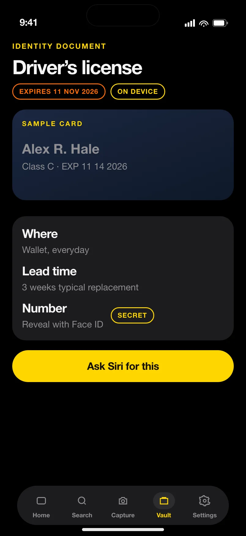 Driver’s license record with expiry, location, lead time, and Face ID to reveal the number.