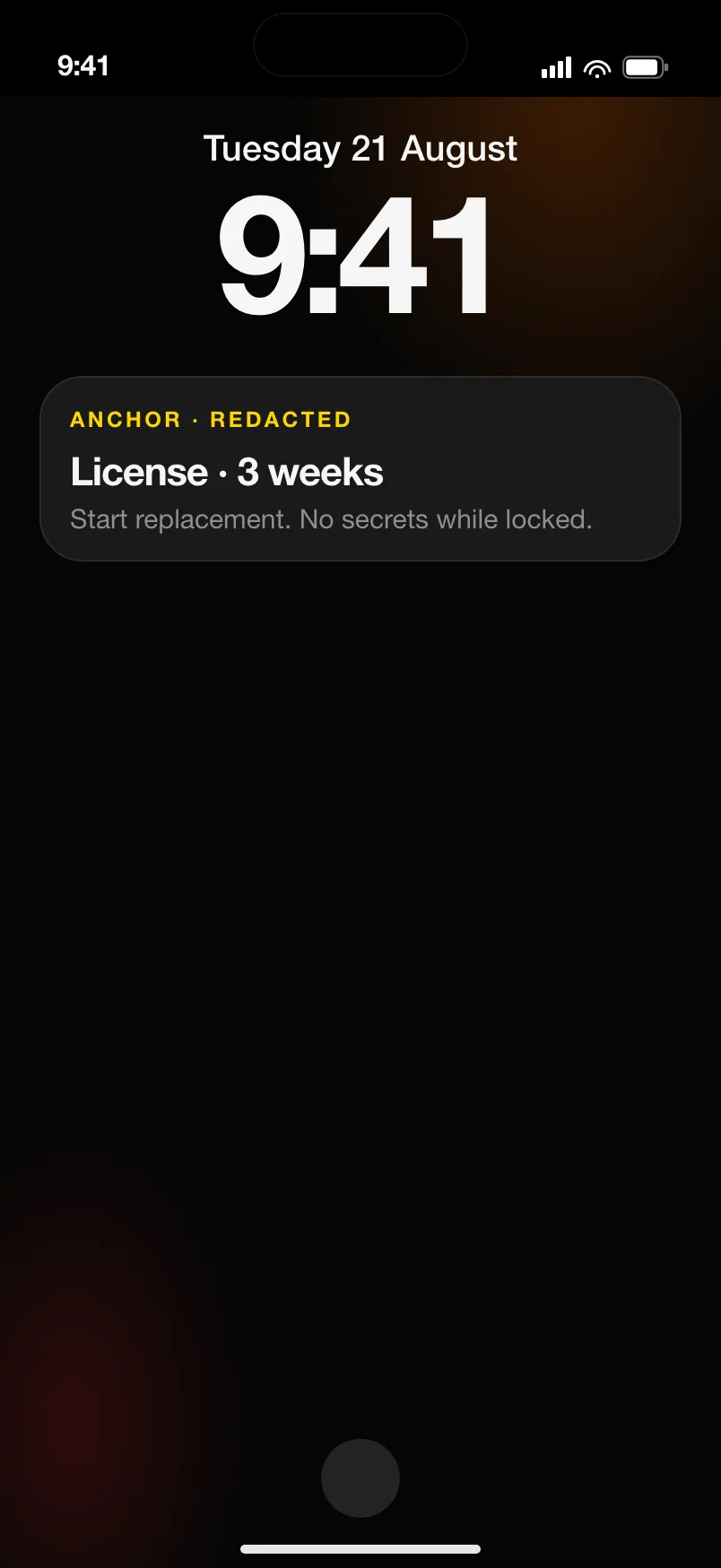 iPhone Lock Screen with a redacted Anchor widget: License, 3 weeks, start replacement.