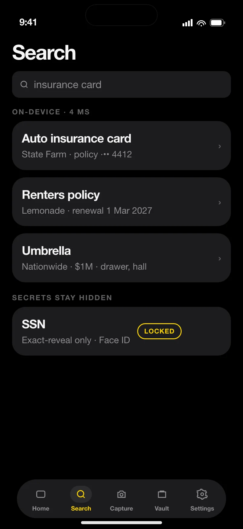 On-device search for insurance card returning auto, renters, and umbrella, with SSN locked.