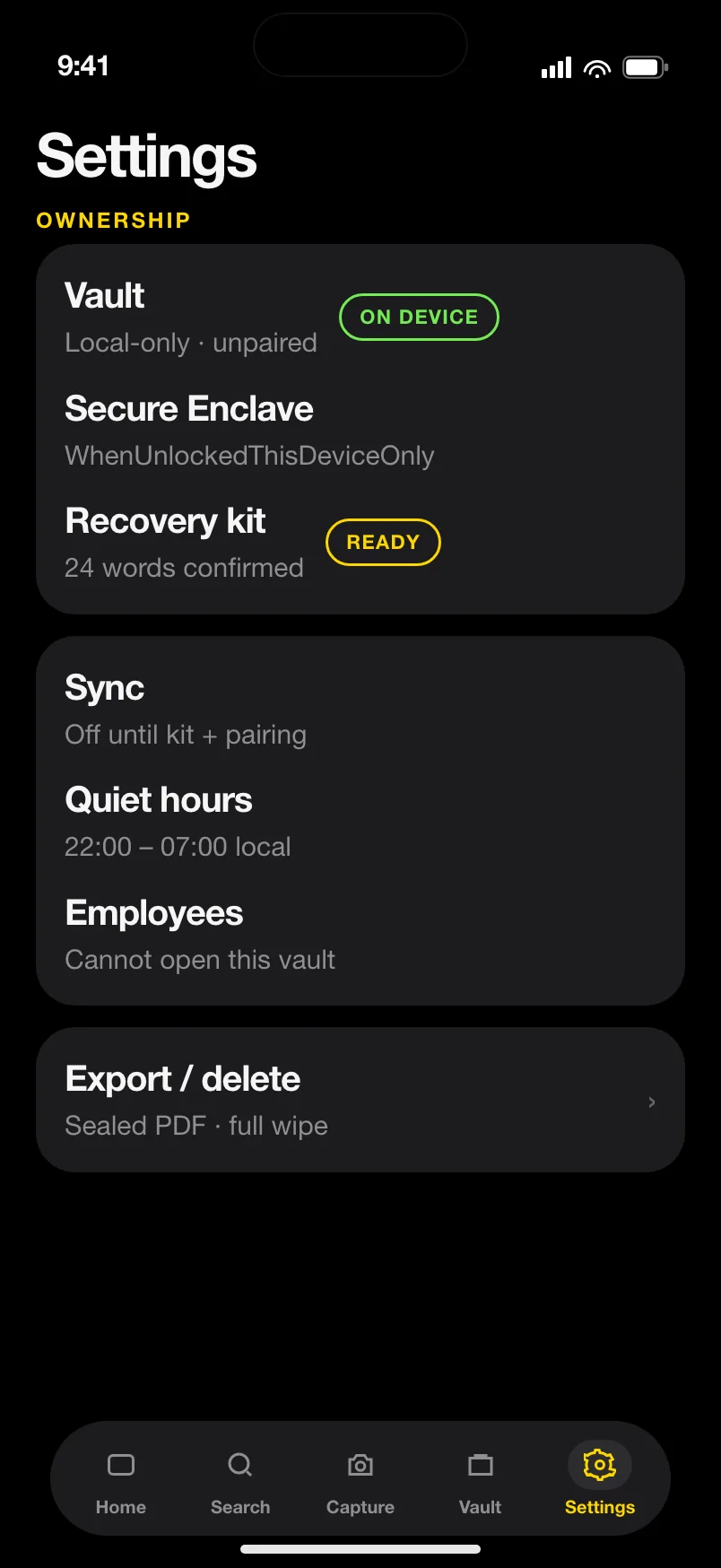 Settings: local-only vault, Secure Enclave, recovery kit ready, sync off, quiet hours 22:00–07:00.