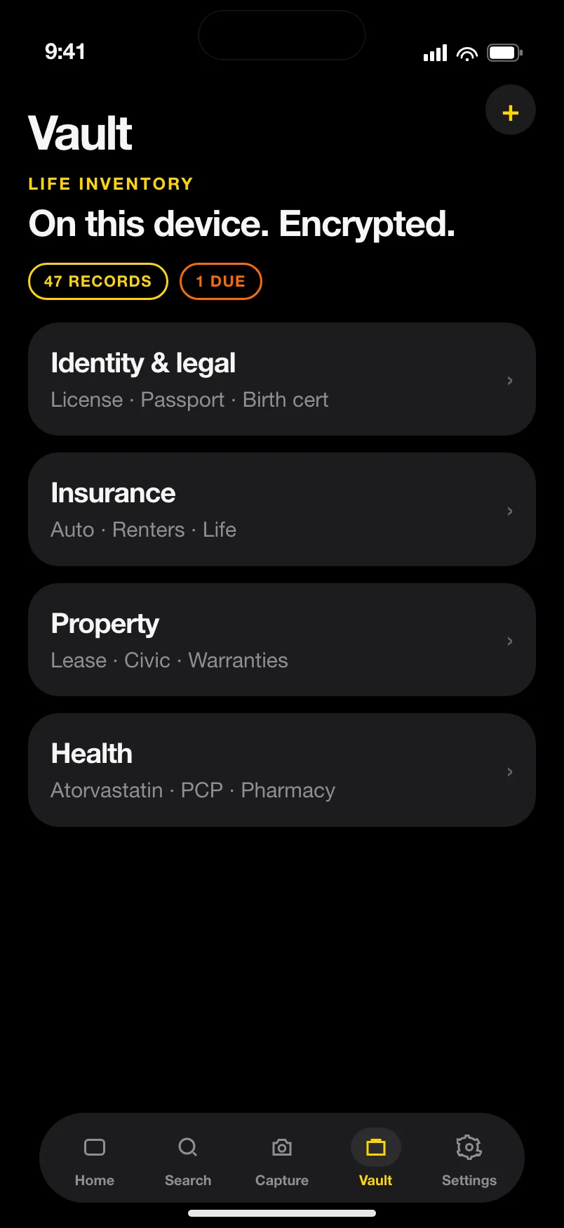 Vault tab listing identity, insurance, property, and health collections with 47 records.